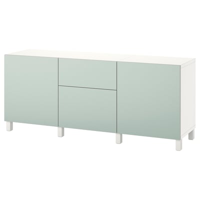 Modern light green BESTÅ sideboard with three sections; two with doors and one with drawers, on white legs.