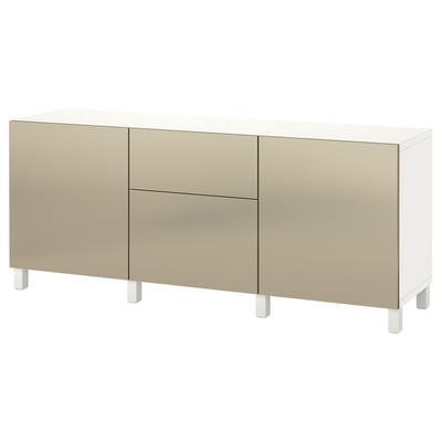 Beige ikea BESTÅ sideboard with 3 doors, 2 drawers, adjustable shelves, push-openers.