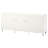 White ikea BESTÅ sideboard, rectangular, minimalist design with drawers and doors.