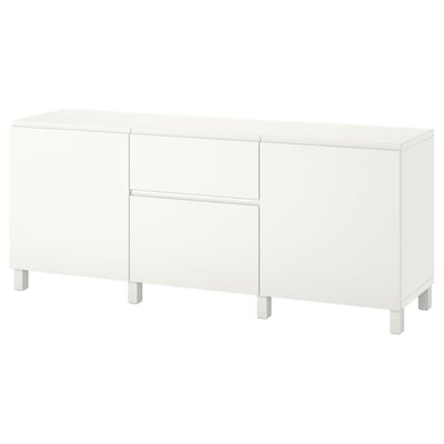 White BESTÅ sideboard, modern clean design, three sections, two doors, two drawers, adjustable shelves, metal legs.
