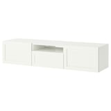 White BESTÅ tv bench with two drawers and open section.