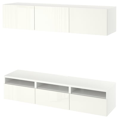 A white BESTÅ tv bench with cabinets. Modern, rectangular, and minimalist design offers storage and cable management.