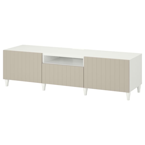 White BESTÅ tv bench: modern, rectangular, with two large storage units and a central open section for cables, supported by four white legs.