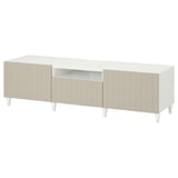 White BESTÅ tv bench: modern, rectangular, with two large storage units and a central open section for cables, supported by four white legs.
