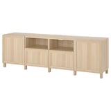 BESTÅ tv bench, light brown, wooden, rectangular, modern design, two drawers, four doors, open shelves.