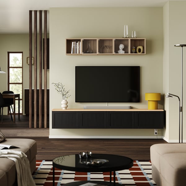 BESTÅ TV bench with doors, black-brown/Hanviken black-brown, 240x42x40 cm