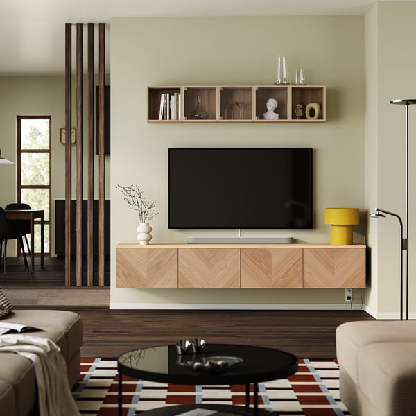 BESTÅ TV bench with doors, black-brown/Hedeviken oak veneer, 240x42x40 cm