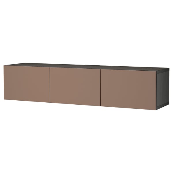 Brown ikea BESTÅ tv bench with 3 doors, sleek wall-mount storage.