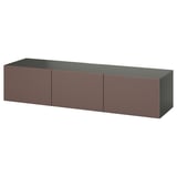 An ikea BESTÅ tv bench in dark brown. It three drawers and a narrow top surface, ideal for modern living spaces.