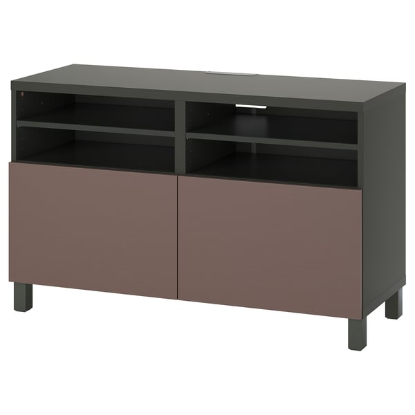 An ikea BESTÅ tv bench in brown and black. It two doors, adjustable shelves, and cable management.