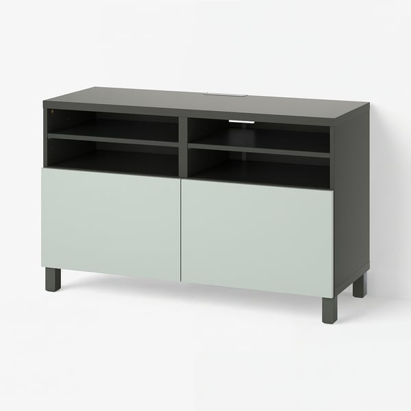 BESTÅ TV bench with doors, dark grey/Hjortviken/Stubbarp pale grey-green, 120x42x74 cm