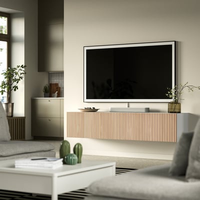 BESTÅ TV bench with doors, white Björköviken/oak veneer, 180x42x38 cm