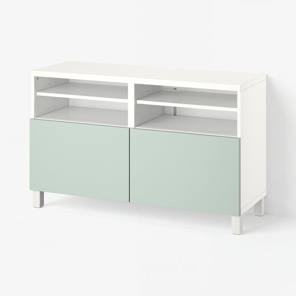 BESTÅ TV bench with doors, white/Hjortviken/Stubbarp pale grey-green, 120x42x74 cm