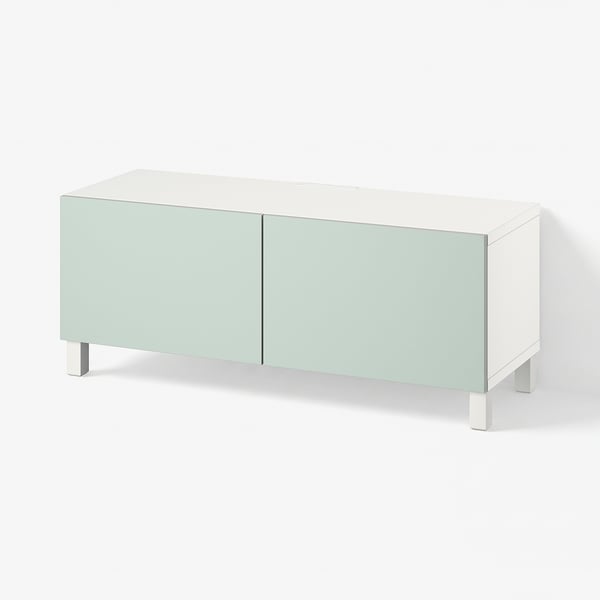 BESTÅ TV bench with doors, white Hjortviken/Stubbarp/pale grey-green, 120x42x48 cm