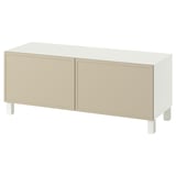 BESTÅ TV bench with doors, white/Krukmakare beige, 120x42x48 cm