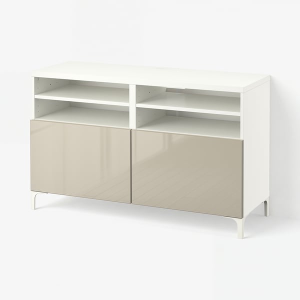 BESTÅ TV bench with doors, white/Selsviken/Nannarp high-gloss/beige, 120x42x74 cm