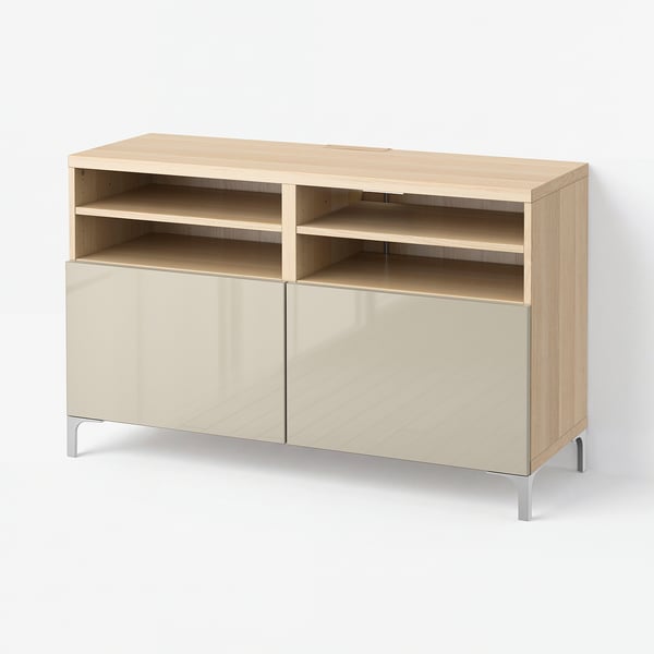 BESTÅ TV bench with doors, white stained oak effect/Selsviken/Nannarp high-gloss/beige, 120x42x74 cm