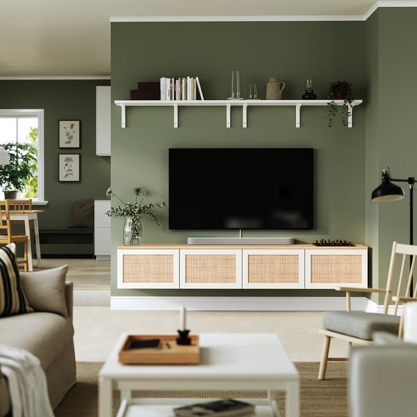 BESTÅ TV bench with doors, white/Studsviken woven poplar, 240x42x40 cm