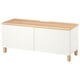 Option: White BESTÅ tv bench with oak top, legs, and soft-close doors. Rectangular, minimalist design for cable management.