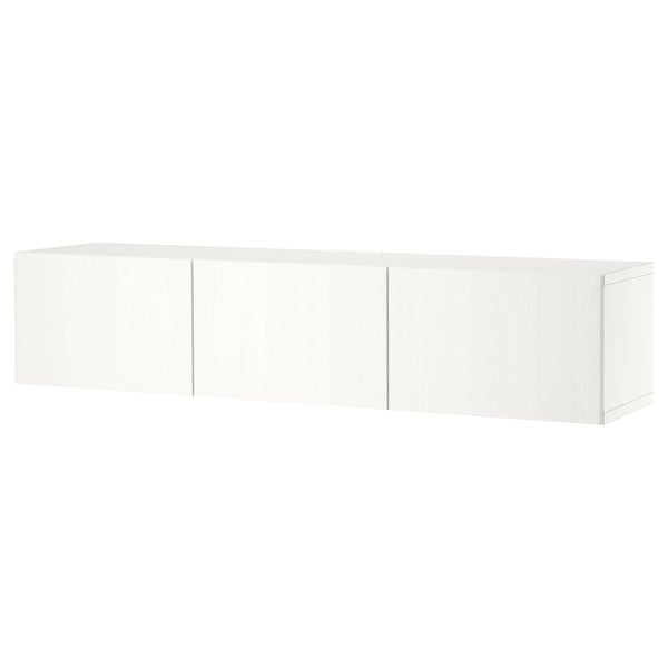 A white BESTÅ tv bench with three sections and adjustable shelves. The design is modern and minimalist, made of particleboard and fiberboard.