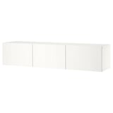 A white BESTÅ tv bench with three sections and adjustable shelves. The design is modern and minimalist, made of particleboard and fiberboard.