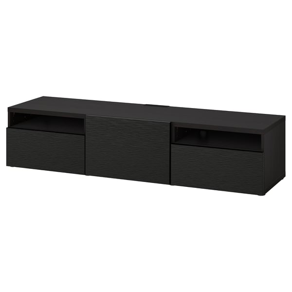 Black BESTÅ tv bench, rectangular with 2 drawers and open section.