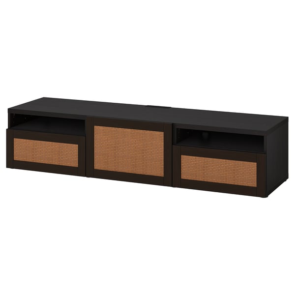 Black BESTÅ tv bench with woven fronts: modern, rectangular, mixed materials.