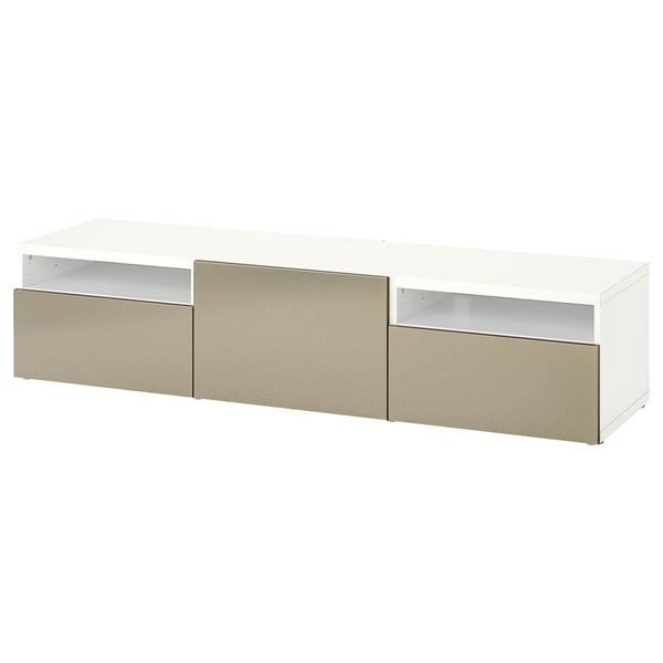 White BESTÅ tv bench with gold handles, rectangular shape, and two open shelves.