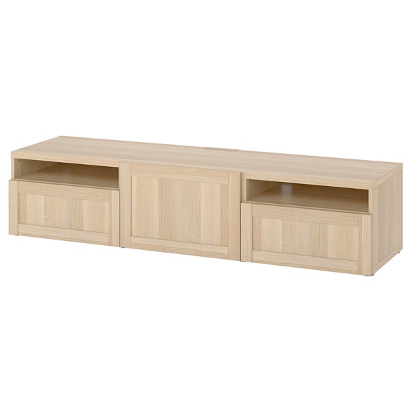 Light wood tv bench with two drawers and open sections. Modern design for organized storage.