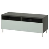 Modern, gray BESTÅ tv stand with two drawers, storage compartments, and metal legs.