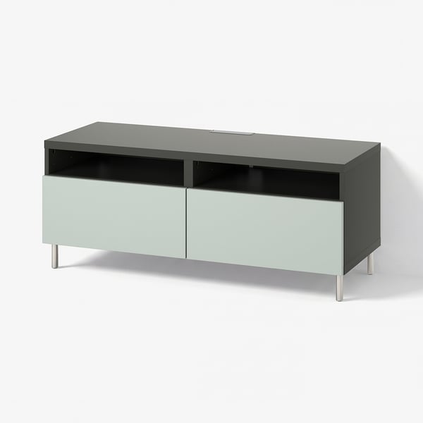 BESTÅ TV bench with drawers, dark grey/Hjortviken/Ösarp pale grey-green, 120x42x48 cm