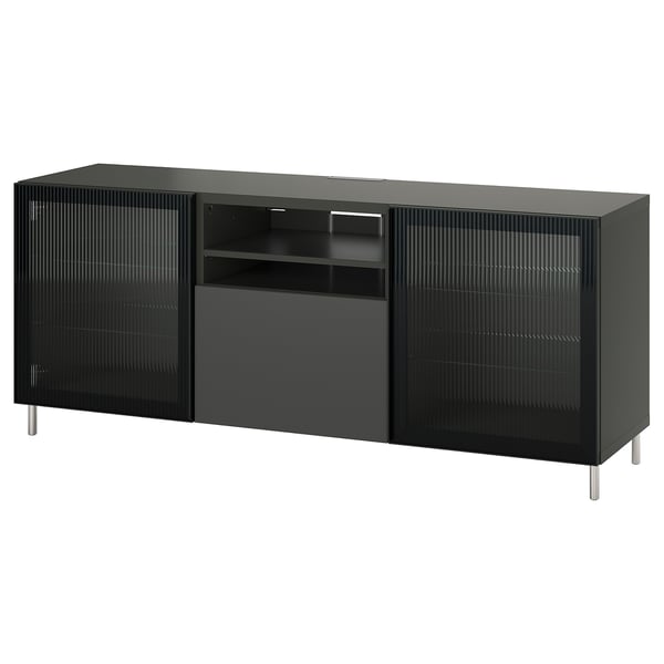Black BESTÅ tv stand: three sections, two glass doors, one drawer, modern design.