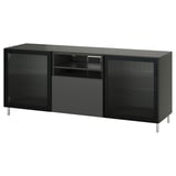 Black BESTÅ tv stand: three sections, two glass doors, one drawer, modern design.