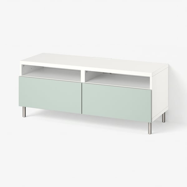 BESTÅ TV bench with drawers, white/Hjortviken/Ösarp pale grey-green, 120x42x48 cm