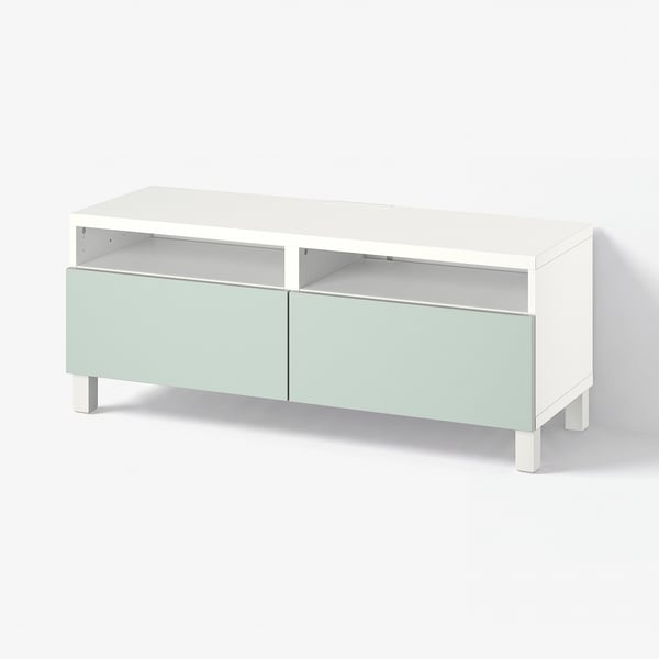 BESTÅ TV bench with drawers, white/Hjortviken/Stubbarp pale grey-green, 120x42x48 cm