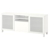 A white BESTÅ tv bench with adjustable shelves, metal mesh doors, and cable management.