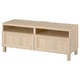 Ikea BESTÅ light oak tv bench with drawers and open storage.