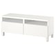 A white BESTÅ tv bench with two drawers and open compartments at the back for cable management. It has a sleek, modern design with square legs.