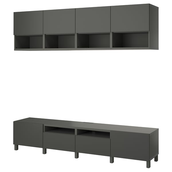 Modern dark grey tv stand with shelves and cabinets. Offers storage and cable management.