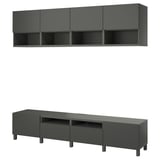 Modern dark grey tv stand with shelves and cabinets. Offers storage and cable management.