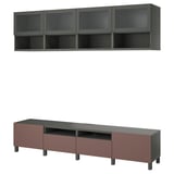 Modern furniture set: BESTÅ. Includes gray wall unit & brown tv bench with adjustable shelves, storage, and cable outlets.