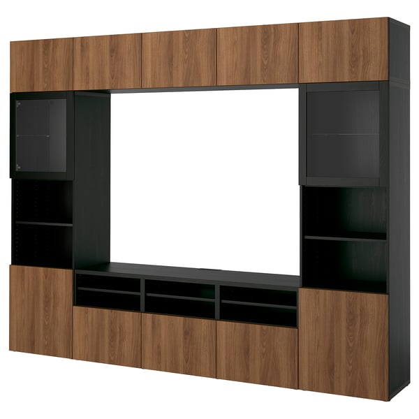 BESTÅ TV storage combination/glass doors, black-brown Lappviken/walnut effect clear glass, 300x42x231 cm