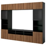 BESTÅ TV storage combination/glass doors, black-brown Lappviken/walnut effect clear glass, 300x42x231 cm