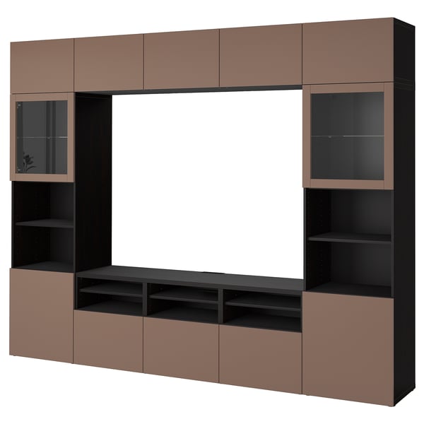 Brown BESTÅ tv unit: cabinets, shelves, and glass doors; ideal for storage and display.