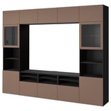 Brown BESTÅ tv unit: cabinets, shelves, and glass doors; ideal for storage and display.