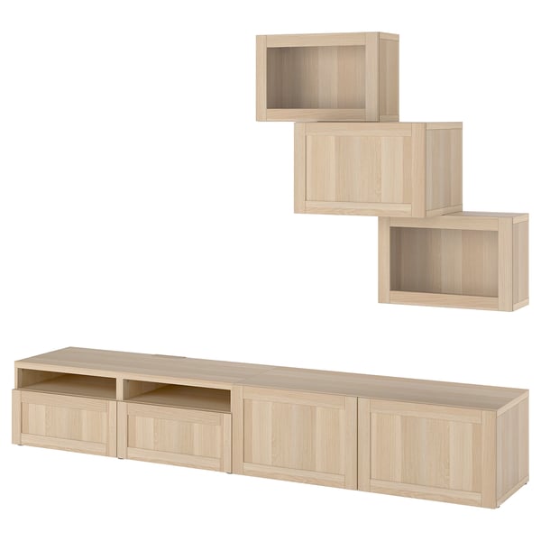 BESTÅ tv storage - oak: bench, drawers, shelves, 3 wall cabinets