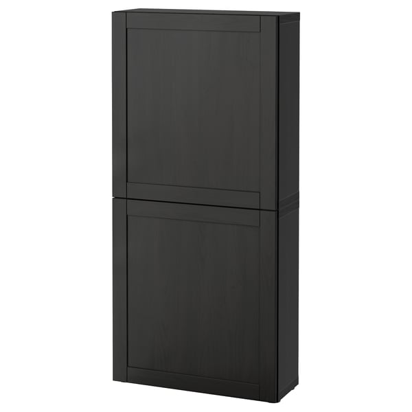 Black BESTÅ cabinet; modern design, rectangular shape; wall-mounted, two-sectioned, smooth panels.