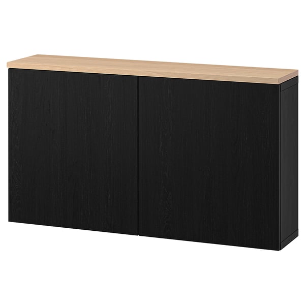 Black BESTÅ sideboard with oak top, two doors, minimalist design.