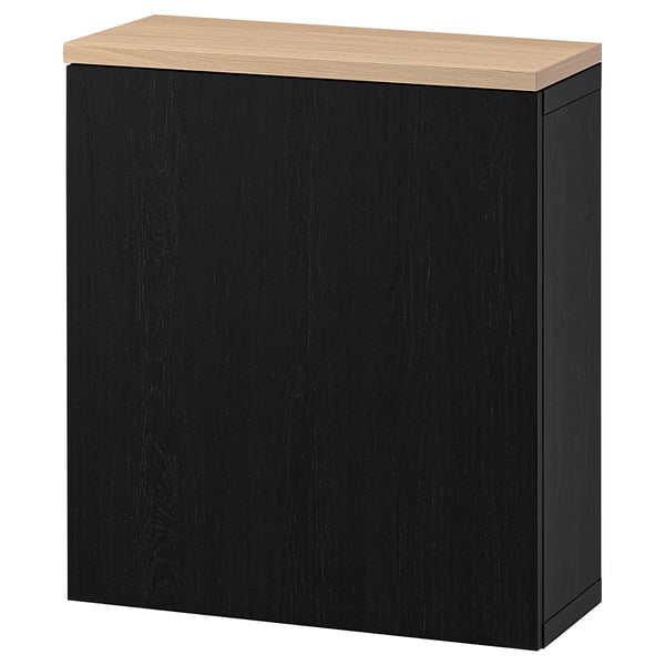 Black BESTÅ storage cabinet with wooden top, square shape, minimalist design.