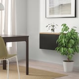 Floating BESTÅ storage unit in black, holding green plant, next to desk. Top shelf and modern wall art decorate minimalist space.